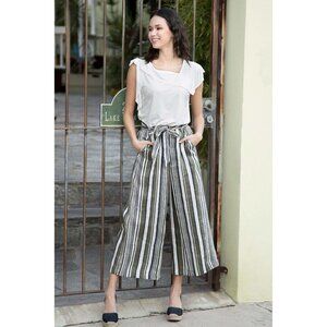 Eva Franco anthropologie Wide Leg Linen  Pants Stripe green cream elastic back